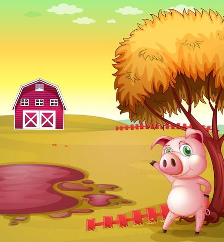 Um porco apontando o celeiro na fazenda de porcos vetor