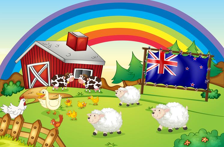 Uma fazenda com um arco-íris e uma bandeira emoldurada da Nova Zelândia vetor