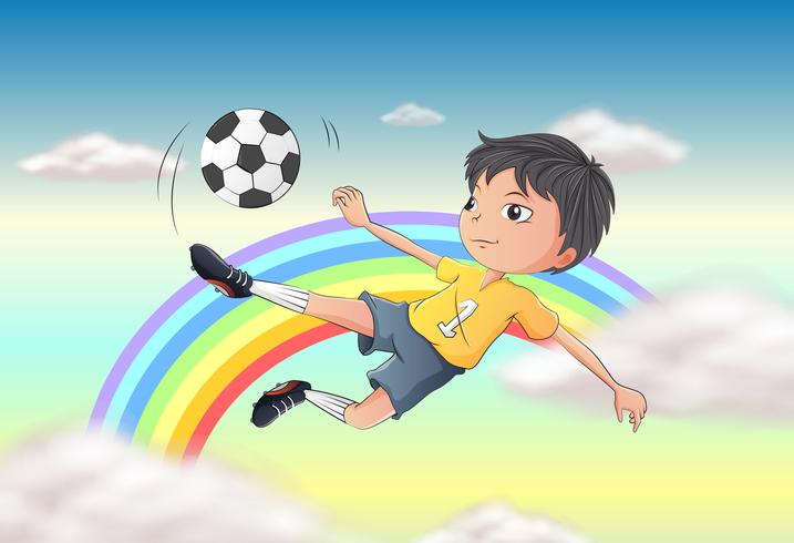 Um menino jogando futebol vetor