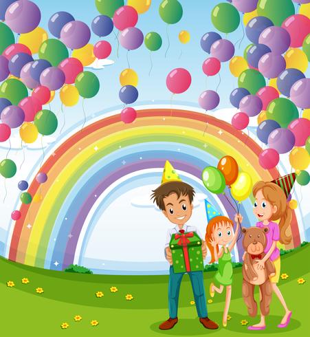 Uma família abaixo dos balões flutuantes com um arco-íris vetor