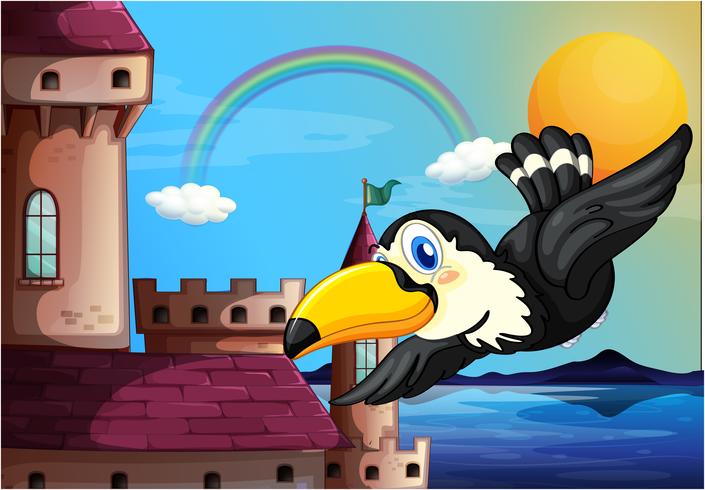 Um pássaro perto do castelo com um arco-íris no céu vetor