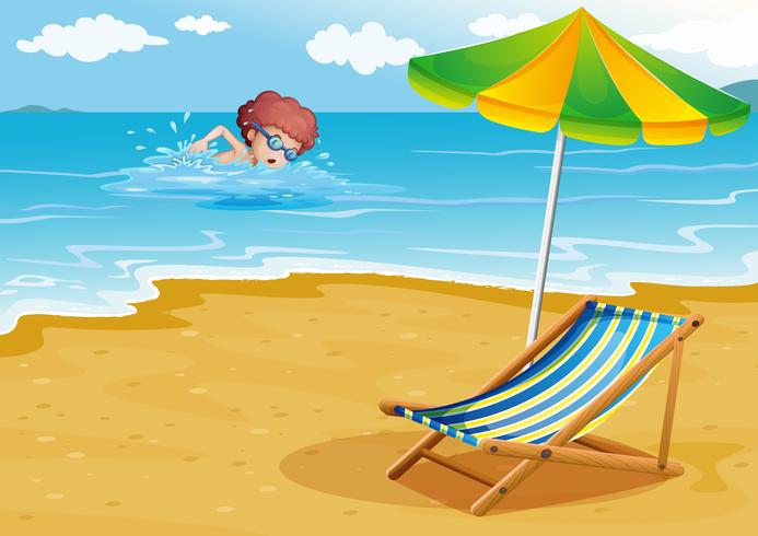 Um, menino, natação, praia, com, um, cadeira, e, um, guarda-chuva vetor