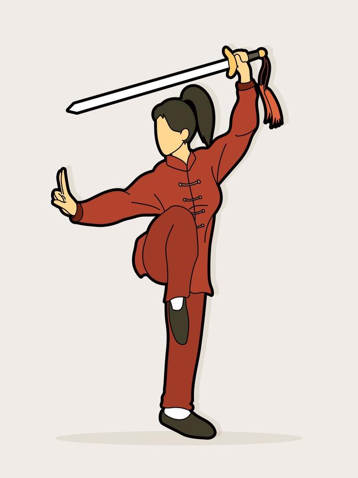 mulher com lutador de kung fu de ação de espada vetor