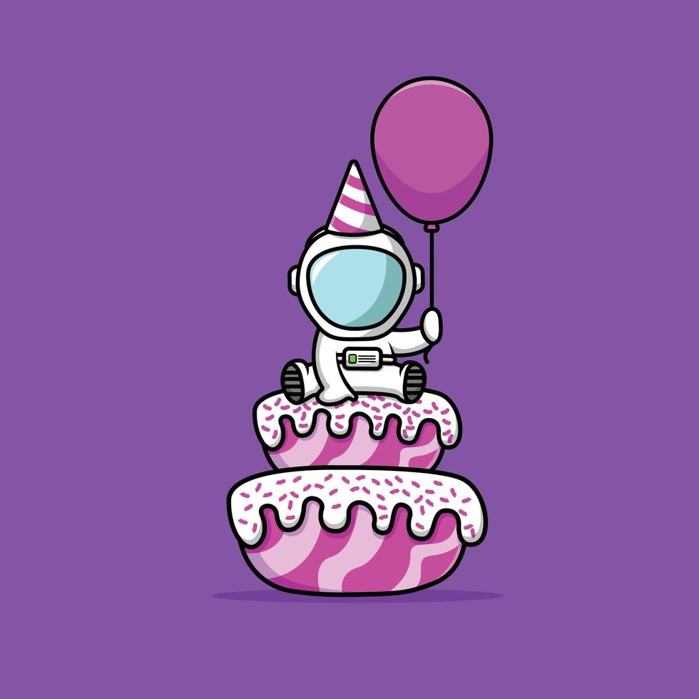 festa de aniversário de astronauta fofo com ilustração de ícone de vetor de desenho de bolo e balão. ciência aniversário ícone conceito isolado vetor premium. estilo de desenho animado plano