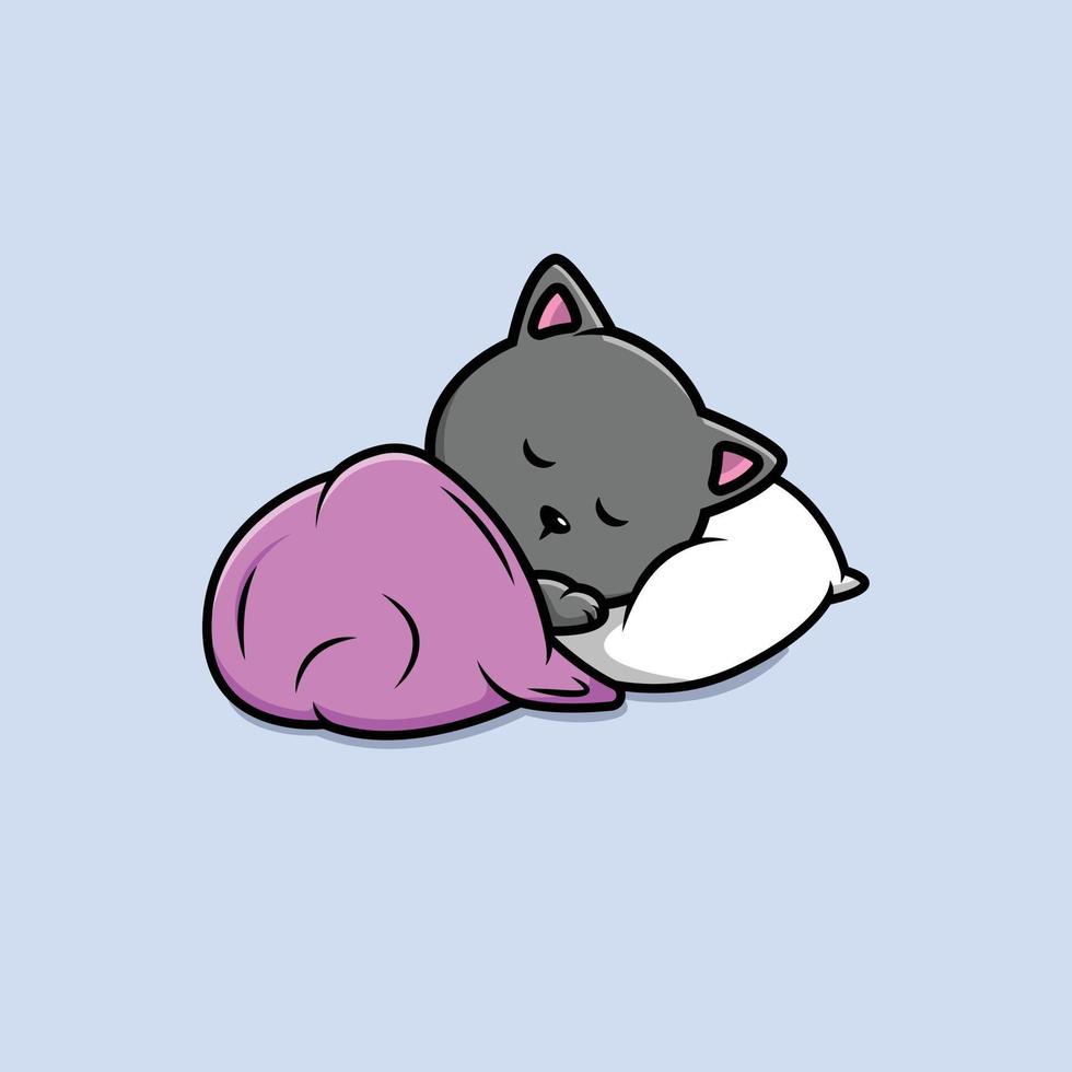 gato bonito dormindo no travesseiro com ilustração de ícone de vetor dos desenhos animados de cobertor. animal ícone conceito isolado vetor premium. estilo de desenho animado plano