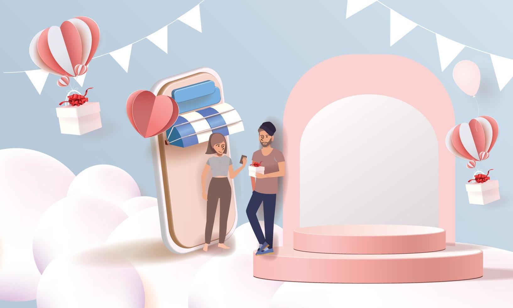 3d fundo de produto vermelho pódio para valentine.pink e coração amor romance conceito design ilustração vetorial ilustração decoração banner vetor