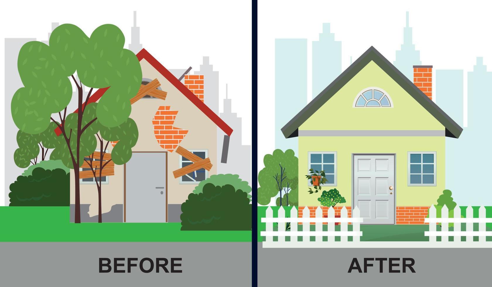 casa antes e depois da ilustração vetorial de reparo. design plano vetor
