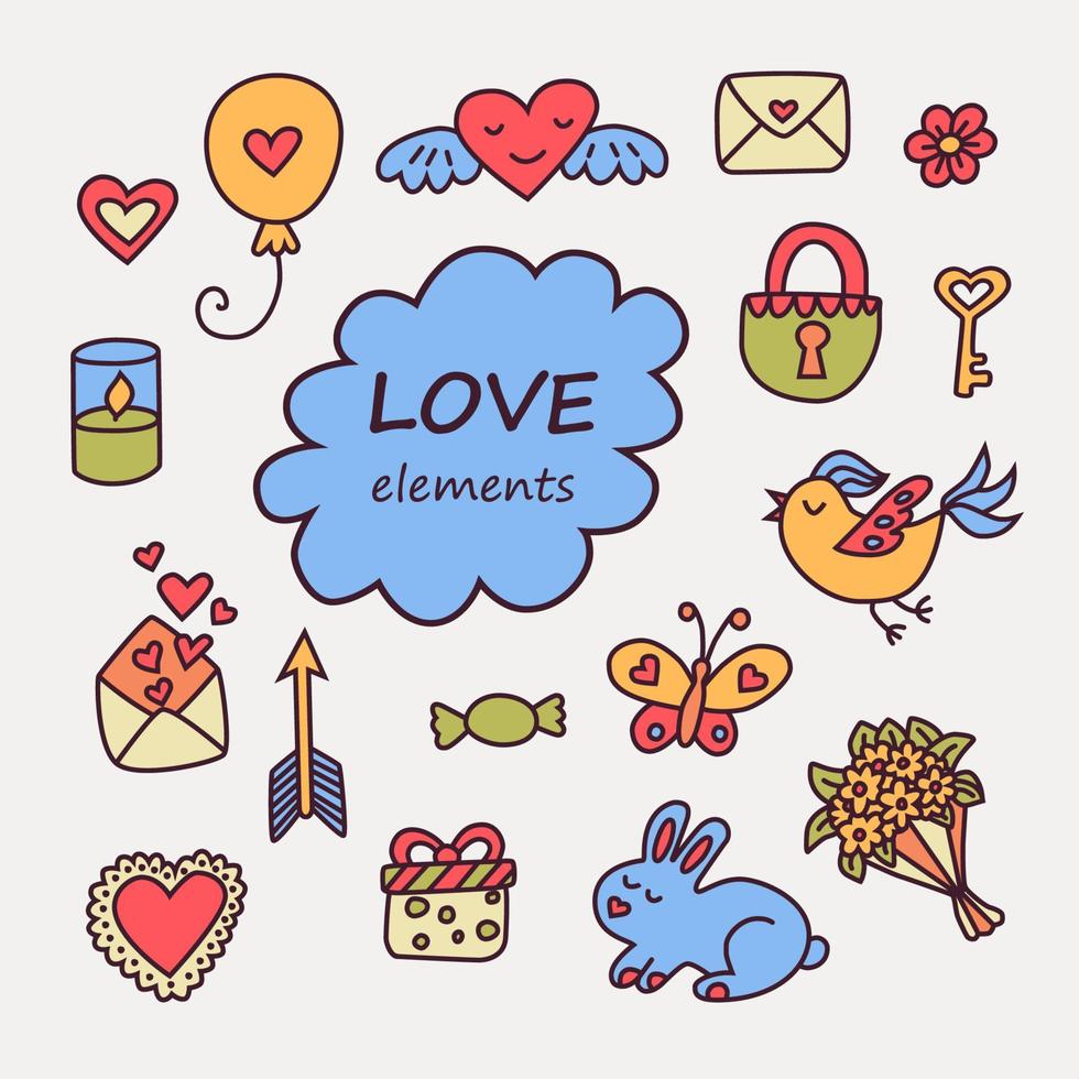 elementos para dia dos namorados ou casamento em estilo doodle em fundo branco. ilustração vetorial com símbolos de amor vetor