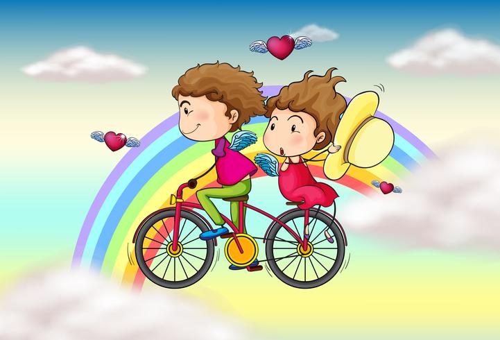 Amantes andando de bicicleta perto do arco-íris vetor