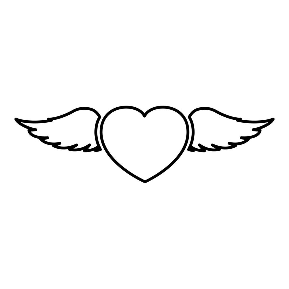 coração com asas de anjo voando ícone de contorno de contorno de penas ilustração vetorial de cor preta imagem de estilo plano vetor
