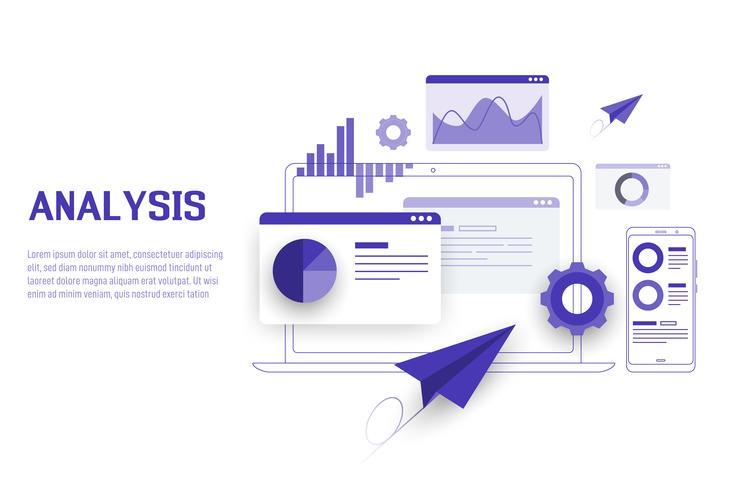 Mobile e laptop Análise de dados, pesquisa, planejamento, estatística, financeiro, infográfico, conceito de vetor de gestão. Vetor