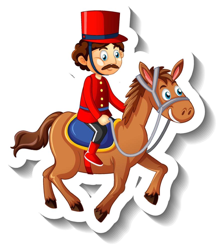 Adesivo de soldado montando um cavalo de personagem de desenho animado vetor