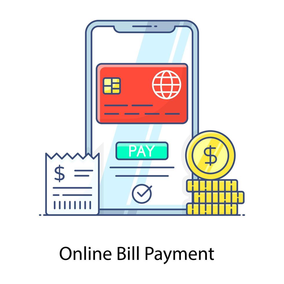 aplicativo de transação online, ícone de contorno plano de pagamento de contas online vetor