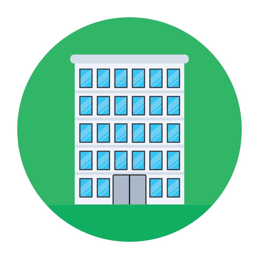 um edifício alto de luxo denotando alojamentos de hotel em ícone plano vetor