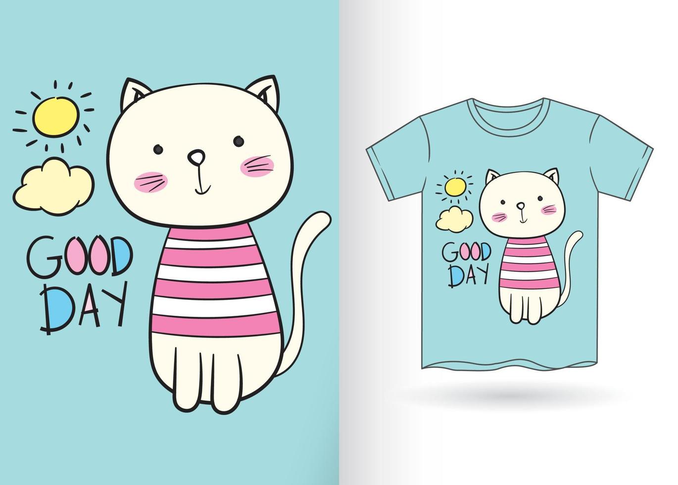 gato bonito dos desenhos animados mão desenhada para camiseta vetor