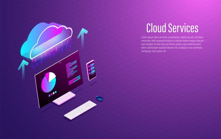 Nuble-se o conceito technolodgy moderno esperto isométrico do armazenamento de dados 3d com smartphone e portátil. Vetor