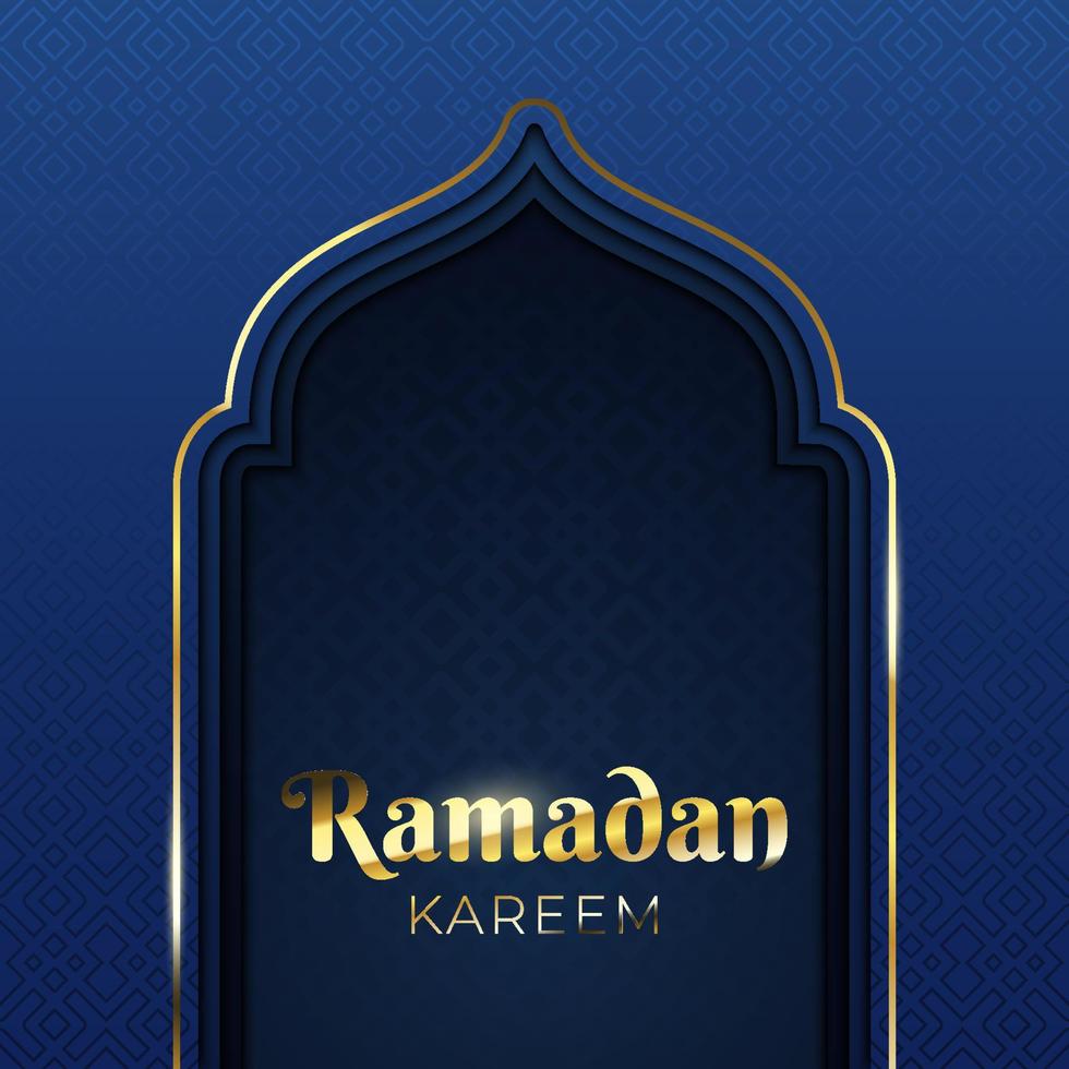 elegante design de fundo ramadan kareem. lindo cartão islâmico com moldura da porta da mesquita. design de fundo luxuoso com padrão árabe em fundo escuro vetor