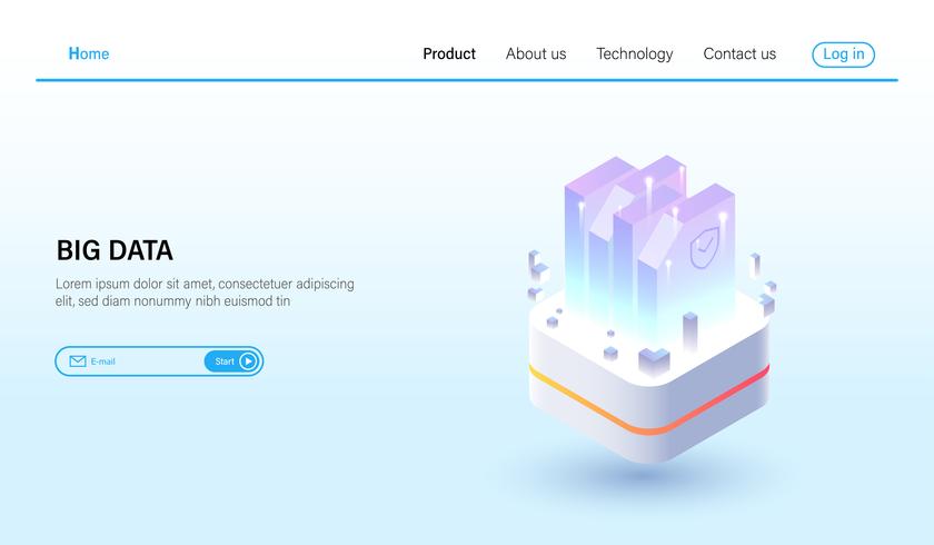 Isométrico do processamento de dados e dos dados grandes que hospedam o conceito do servidor, o datacenter, a tecnologia do blockchain e o vetor em linha do armazenamento da nuvem.