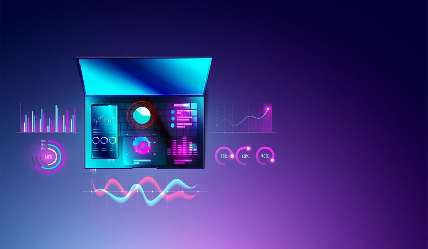 Conceito financeiro da análise das estatísticas no smartphone e no portátil com diagramas ou gráfico, análise de dados e carta do planeamento de negócio nas vistas superiores do computador. vetor
