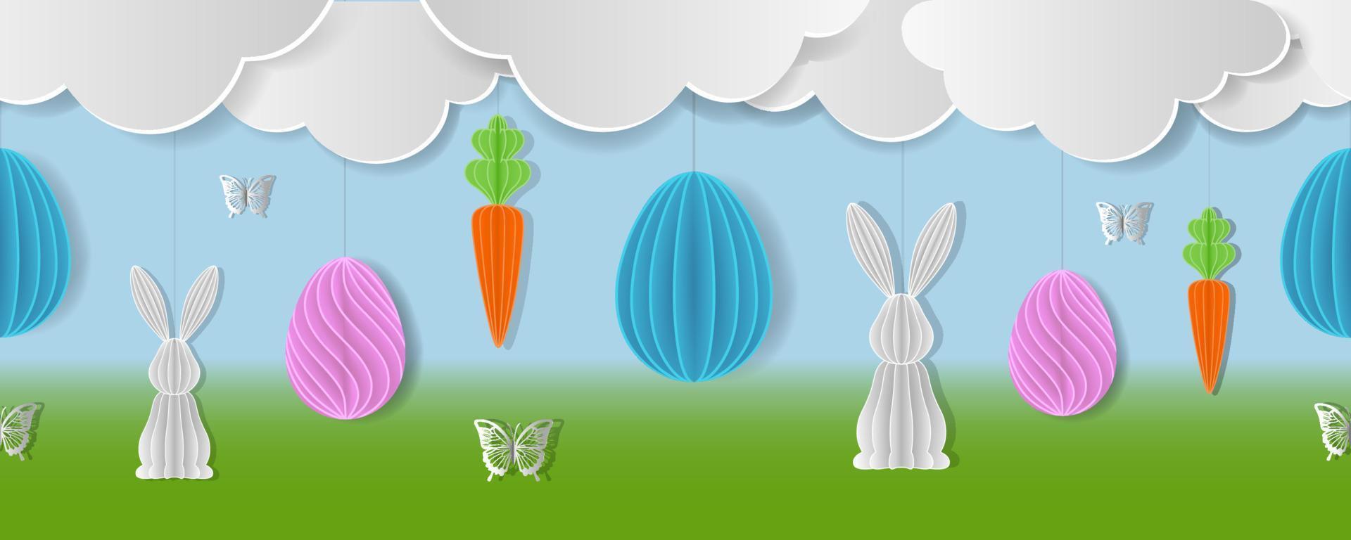 banner de páscoa sem costura com ovos de papel cenouras coelhos e borboletas vetor
