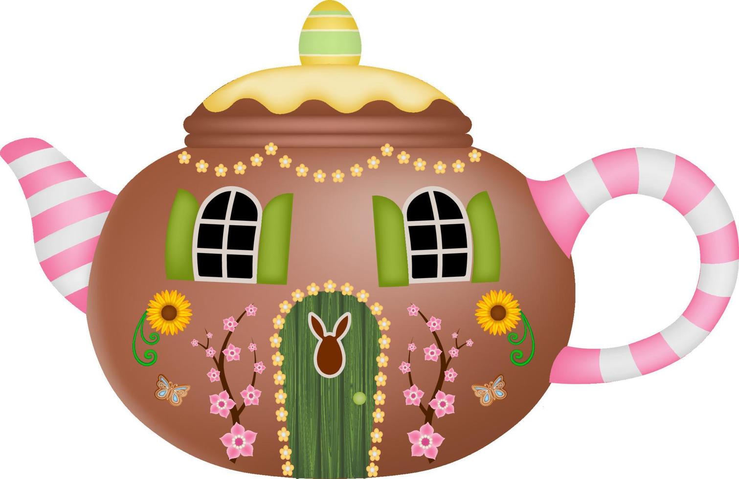 casa isolada em forma de bule com flores e ovo de páscoa vetor