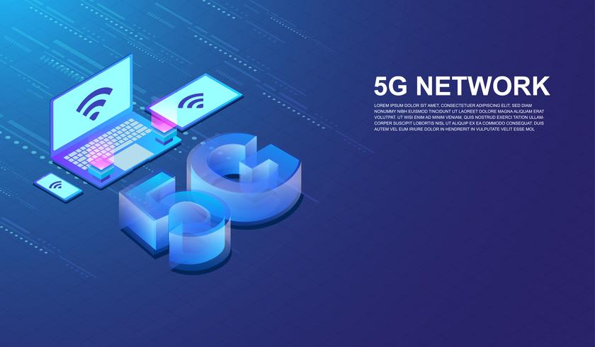 O Internet da rede 5G conectou pelo vetor isométrico do conceito do portátil do smartphone, da tabuleta e do computador.