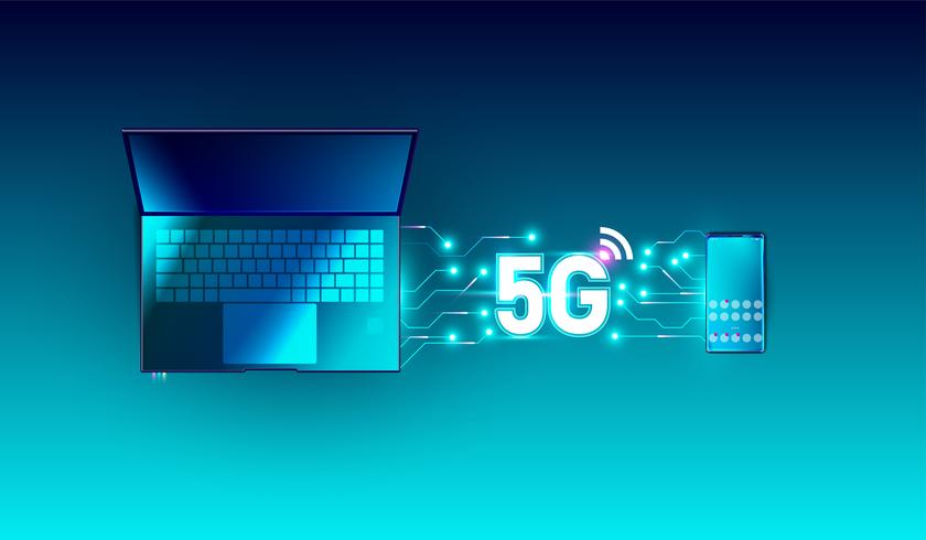 5G nova rede global de alta velocidade inovação tecnologia de taxa de dados de conexão, 5ª conexão de internet sem fio wi-fi no smartphone e computador portátil dispositivo vista superior vector