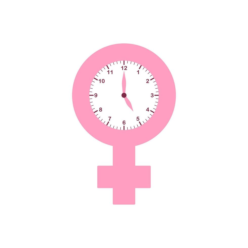 ícone rosa da menopausa com relógio. símbolo do período da menopausa. ícone do gênero feminino com pausa menstrual e relógio. estilo de ícone plano. ilustração vetorial. vetor