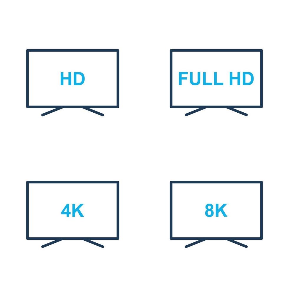 conjunto de vetores de ícones de tv. ícones de resolução de vídeo hd, full hd, 4k, 8k. tela de exibição com qualidade diferente. ilustração vetorial.