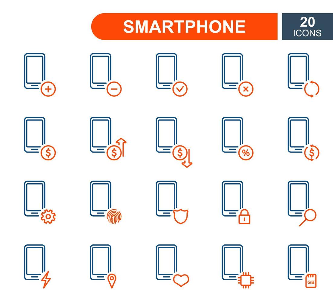 conjunto de ícones de linha de smartphone. serviço de reparo de celular, venda, empréstimo, renovação e atualização de ícones de linha do sistema. ícones lineares de telefone celular. ilustração vetorial. vetor