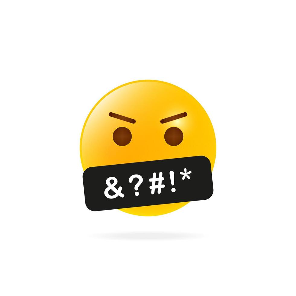 emoji de rosto bravo amarelo. linguagem obscena. palavrões ou palavras vulgares na barra preta. palavrão e comportamento. jurando ícone de emoticon. ícone emoji com barra preta censurada. ilustração vetorial. vetor