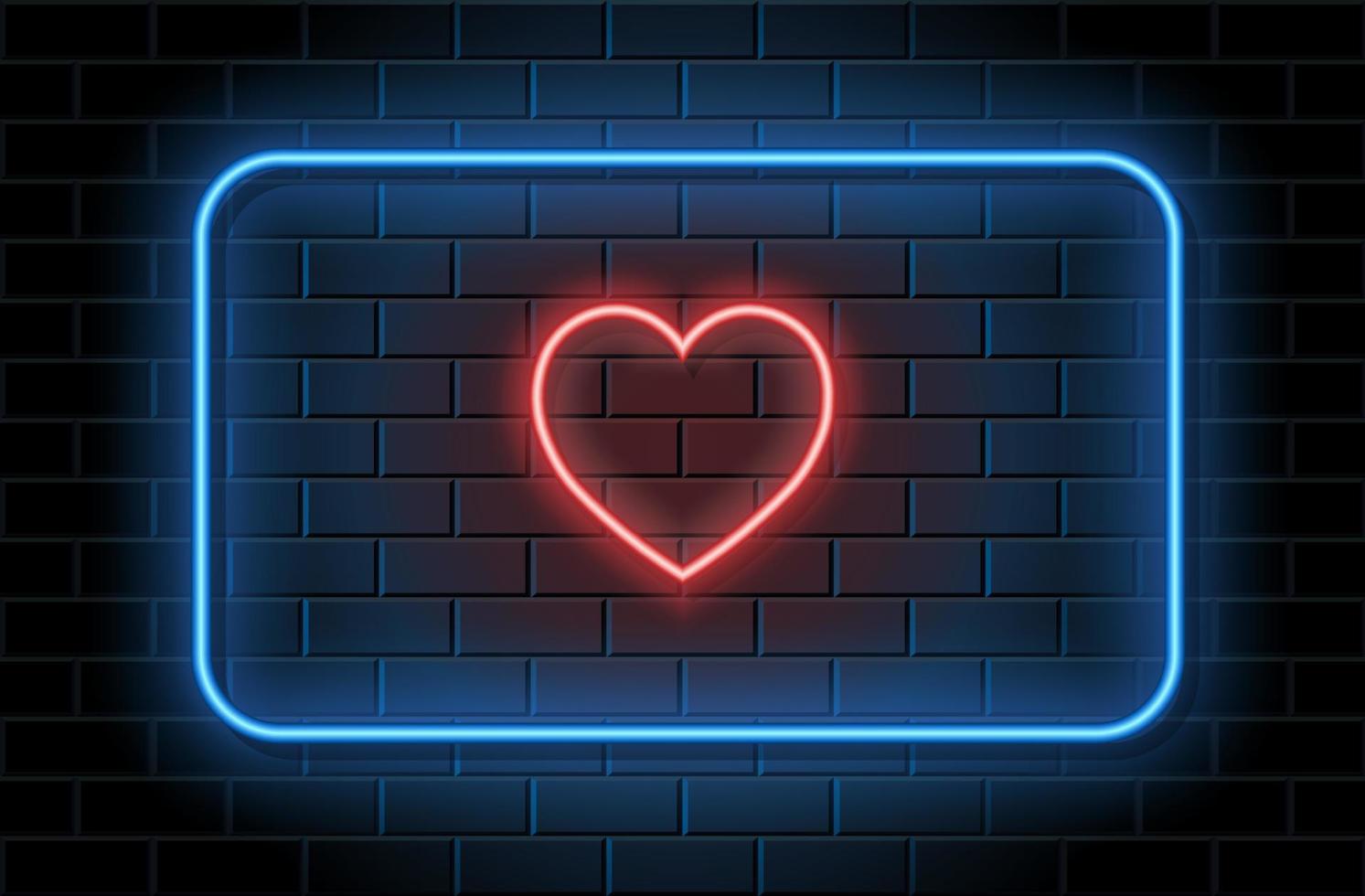 coração de néon vermelho com moldura azul para dia dos namorados em fundo preto brickwall vetor
