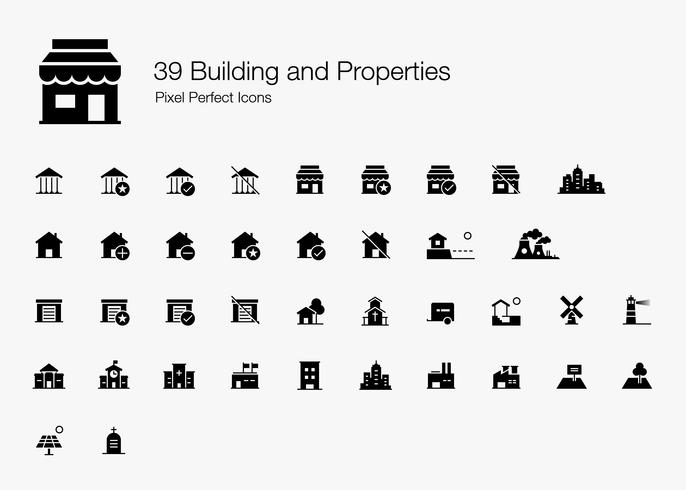 39 Construção e propriedades Ícones perfeitos de pixel (estilo preenchido). vetor