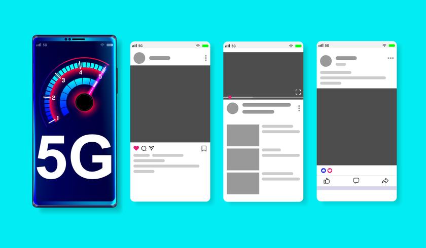 Rede de alta velocidade 5G em maquete de mídia social on-line no vetor de fundo azul.