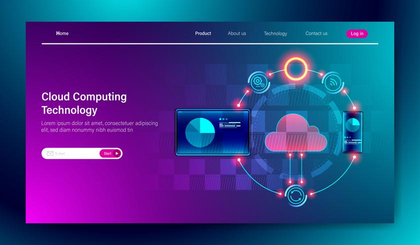 Projeto liso moderno da nuvem que computa a tecnologia em linha do armazenamento no conceito da conexão da tabuleta e do dispositivo móvel para o vetor do molde da página de aterrissagem.