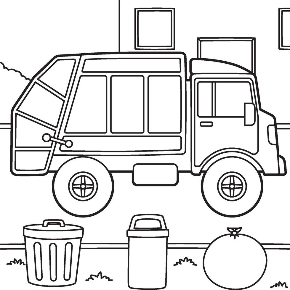 página para colorir de caminhão de lixo para crianças vetor
