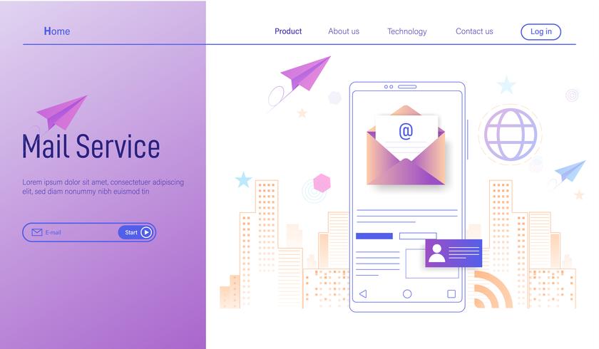Conceito de design plano moderno de e-mail móvel serviço, marketing de e-mail comercial, newsletter e vetor de correio eletrônico