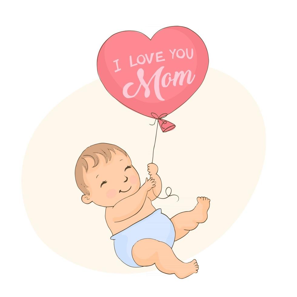 menino fofo segurando um balão em forma de coração, cartão de dia das mães feliz vetor