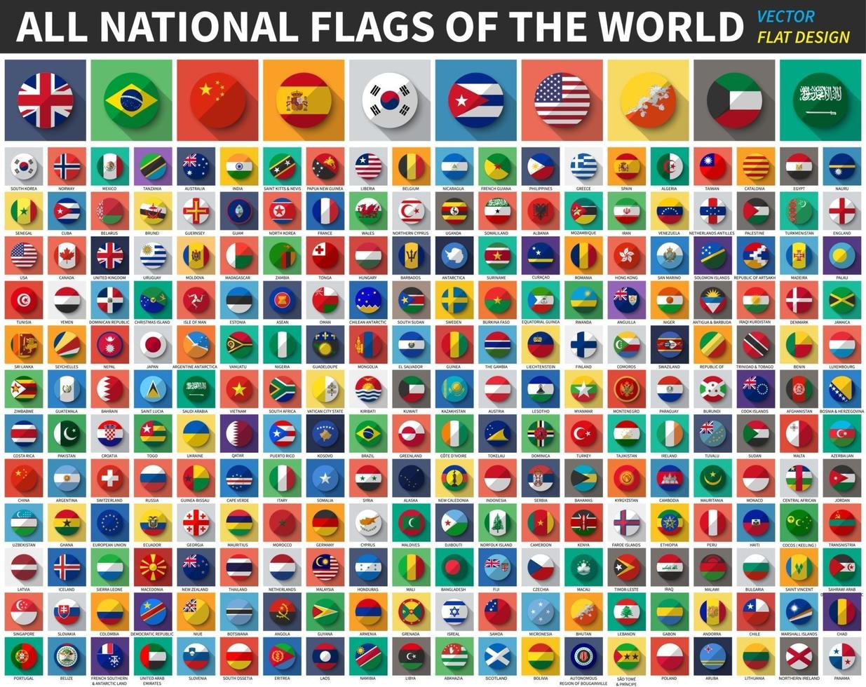 todas as bandeiras nacionais do mundo. cor lisa e design de sombra longa. vetor. vetor