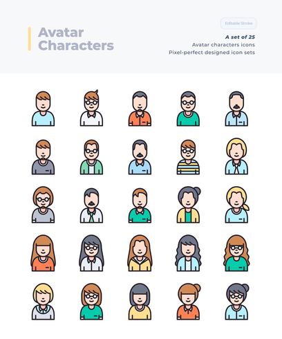 Ícones de linha de cor Vector detalhadas conjunto de pessoas e Avatar. Pincel perfeito e editável de 64x64 pixels.