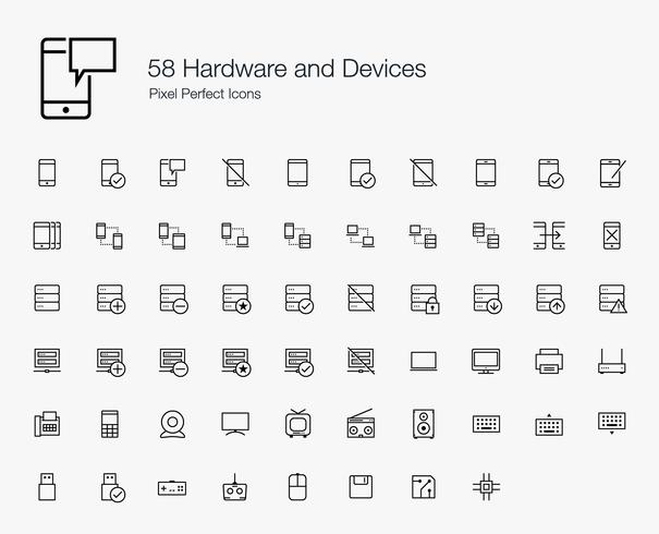 58 Hardware e dispositivos Pixel Perfect Icons (estilo de linha) vetor