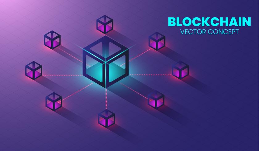 O conceito isométrico da tecnologia do blockchain, forma da corrente do bloco conectou junto. vetor