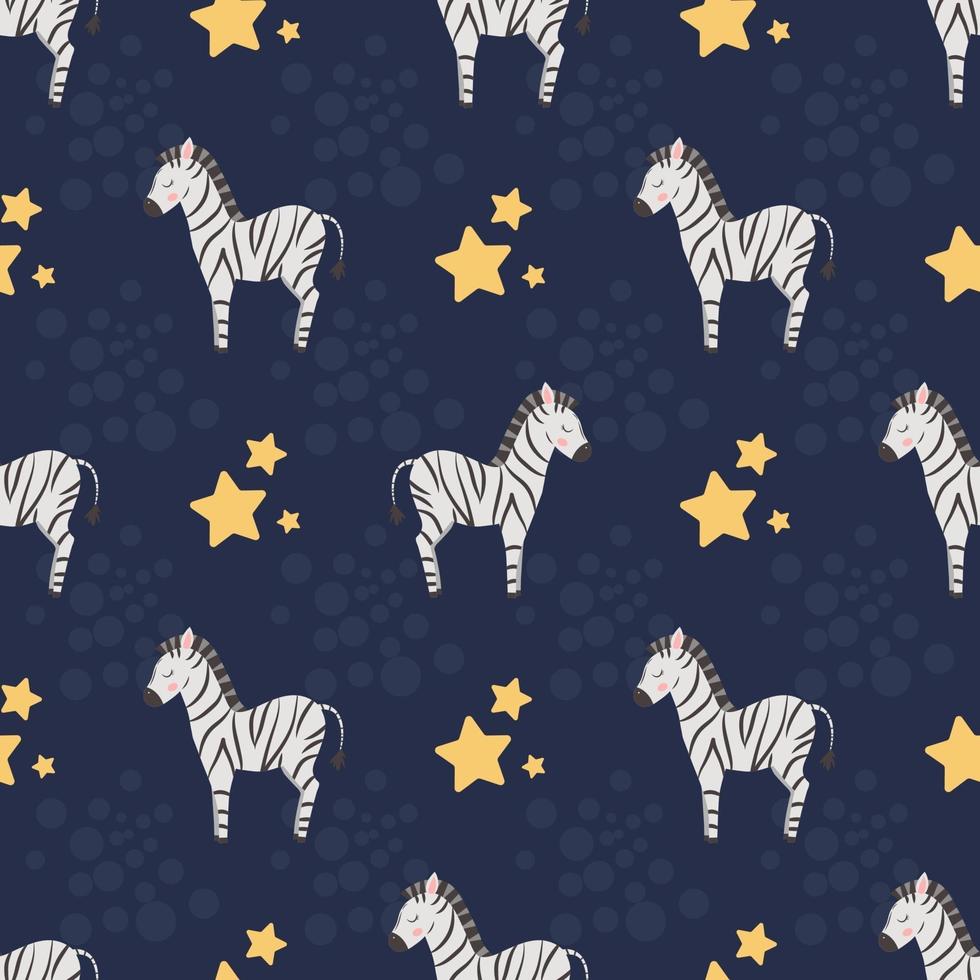 sem costura padrão com zebras fofas e estrelas, em um fundo escuro. para design infantil, têxteis, papel de embrulho e embalagens. vetor