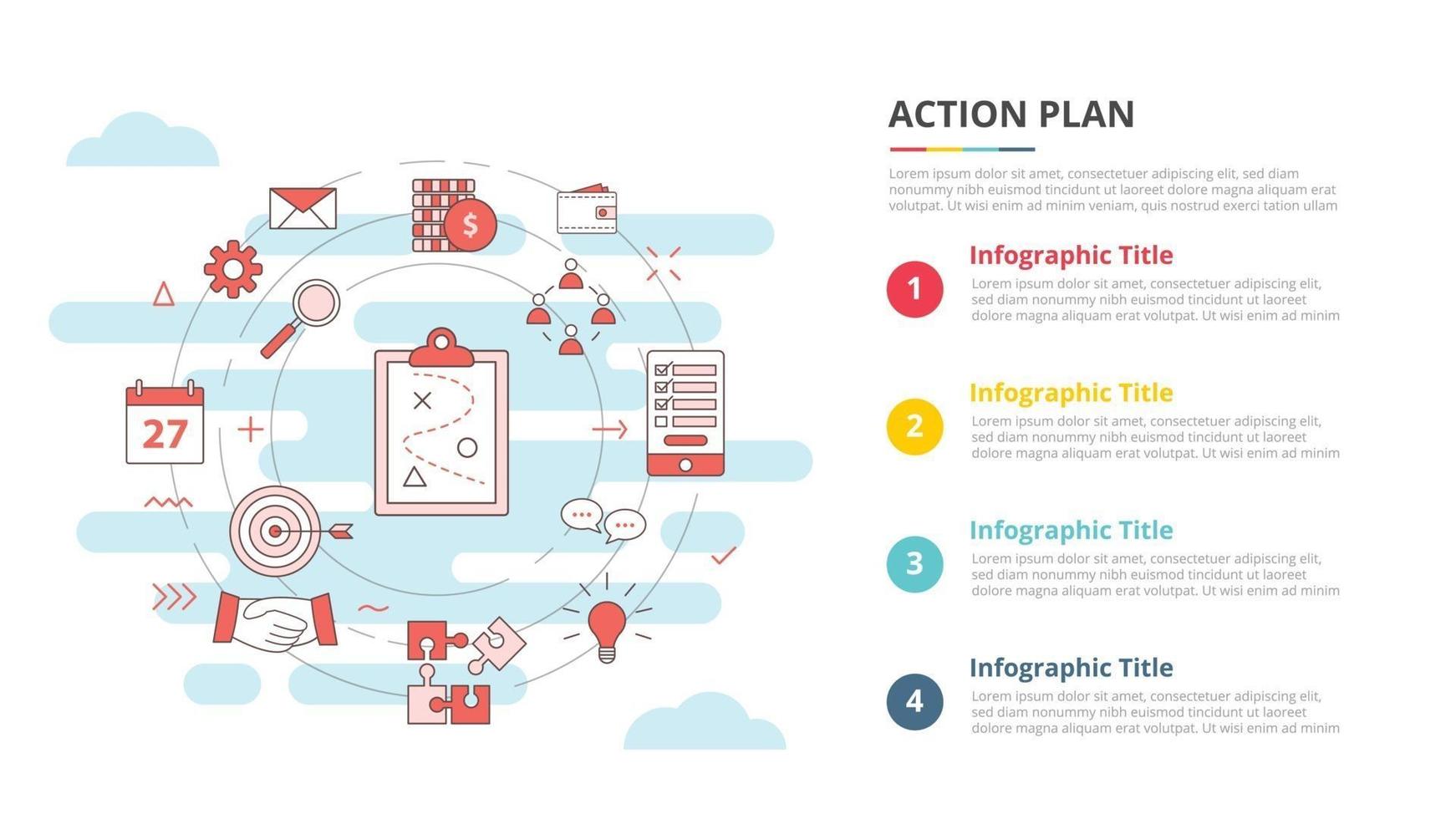 conceito de plano de ação de negócios para banner de modelo infográfico com informações de lista de quatro pontos vetor