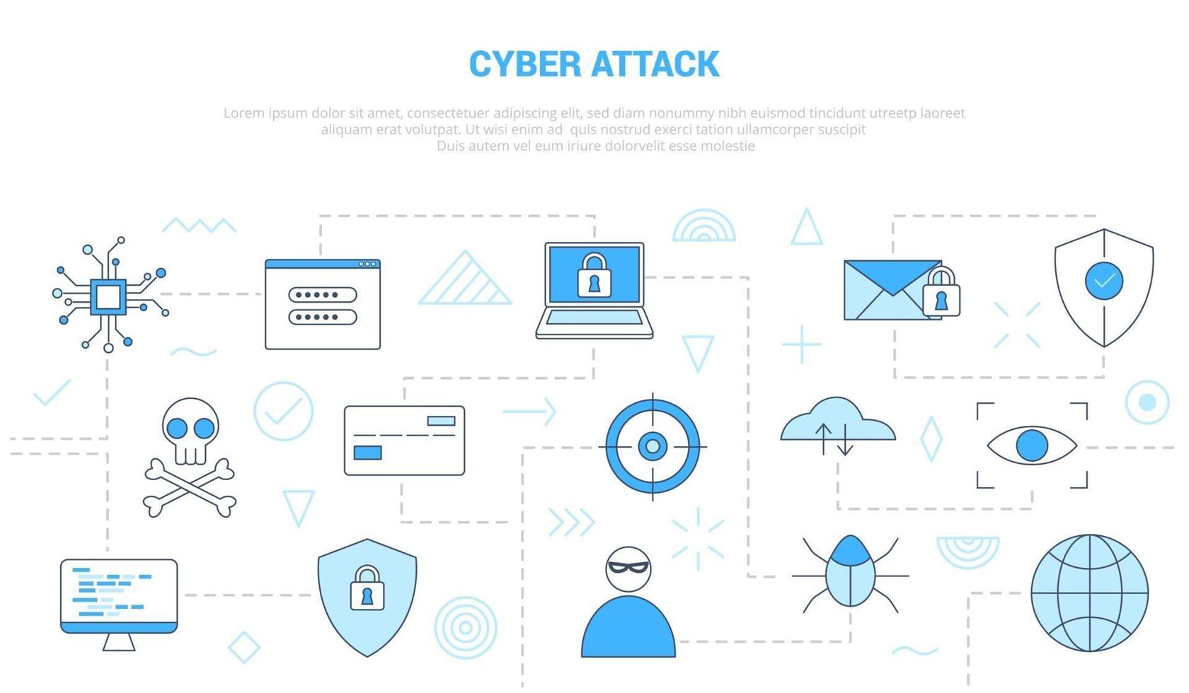 conceito de ataque cibernético com banner de modelo de conjunto de ícones com estilo moderno de cor azul vetor