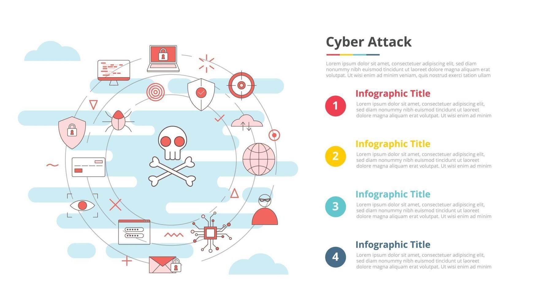 conceito de ataque cibernético para banner de modelo infográfico com informações de lista de quatro pontos vetor