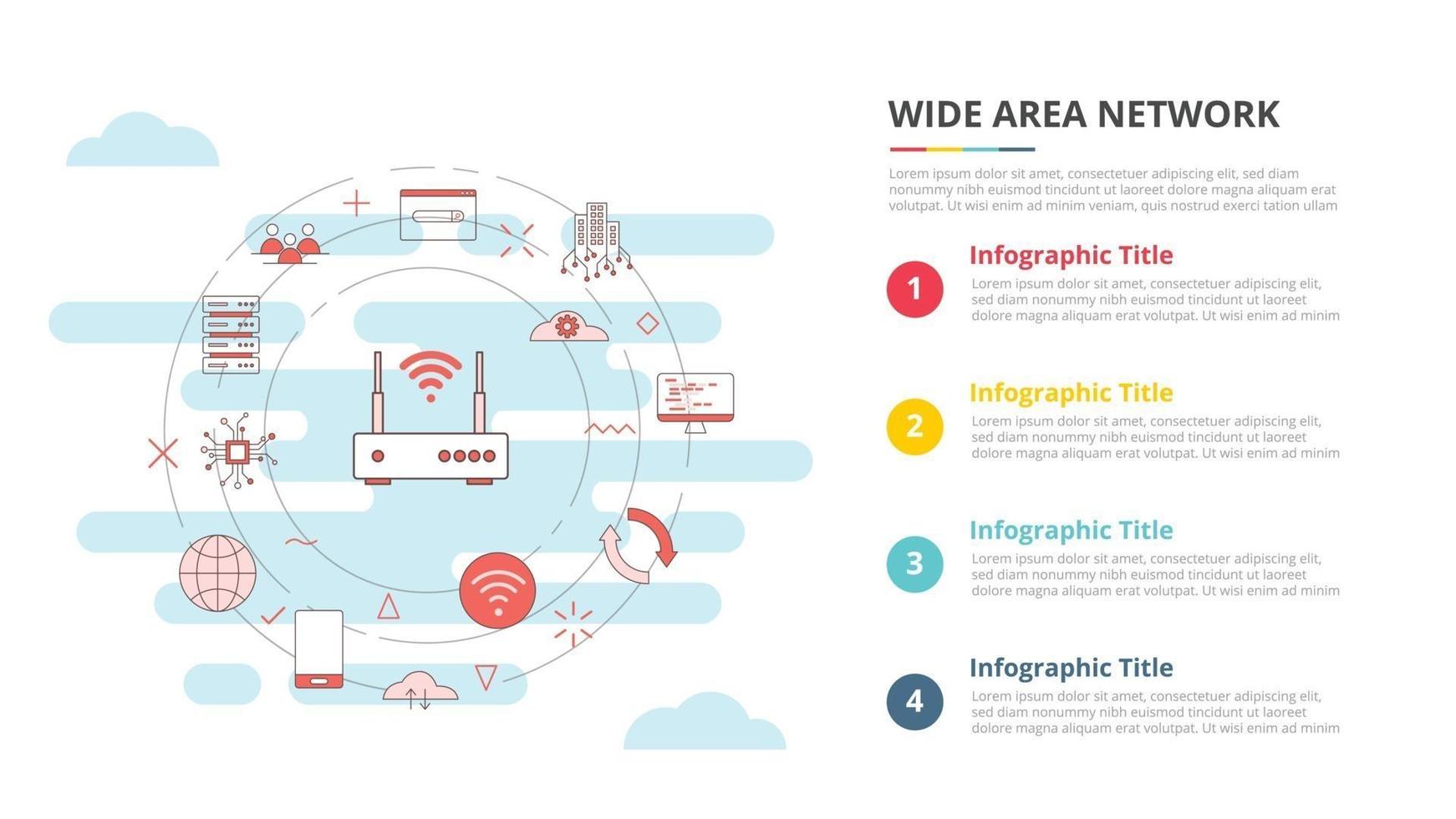 conceito de rede de área ampla wan para banner de modelo infográfico com informações de lista de quatro pontos vetor