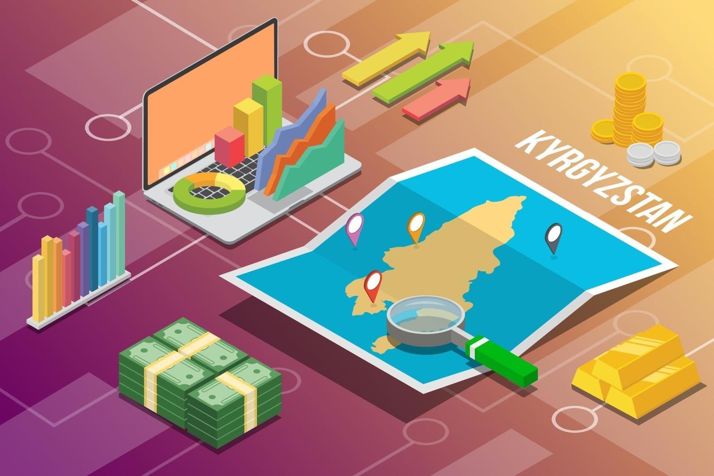 país de crescimento da economia de negócios isométrica do Quirguistão com mapa e condição de finanças - ilustração vetorial vetor