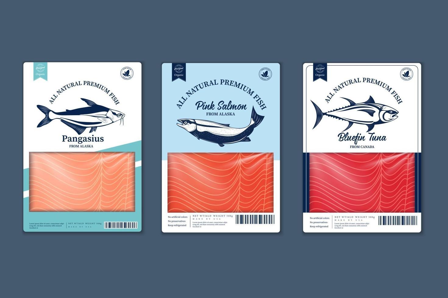 atum pangasius salmão carne de peixe para embalagem vetor
