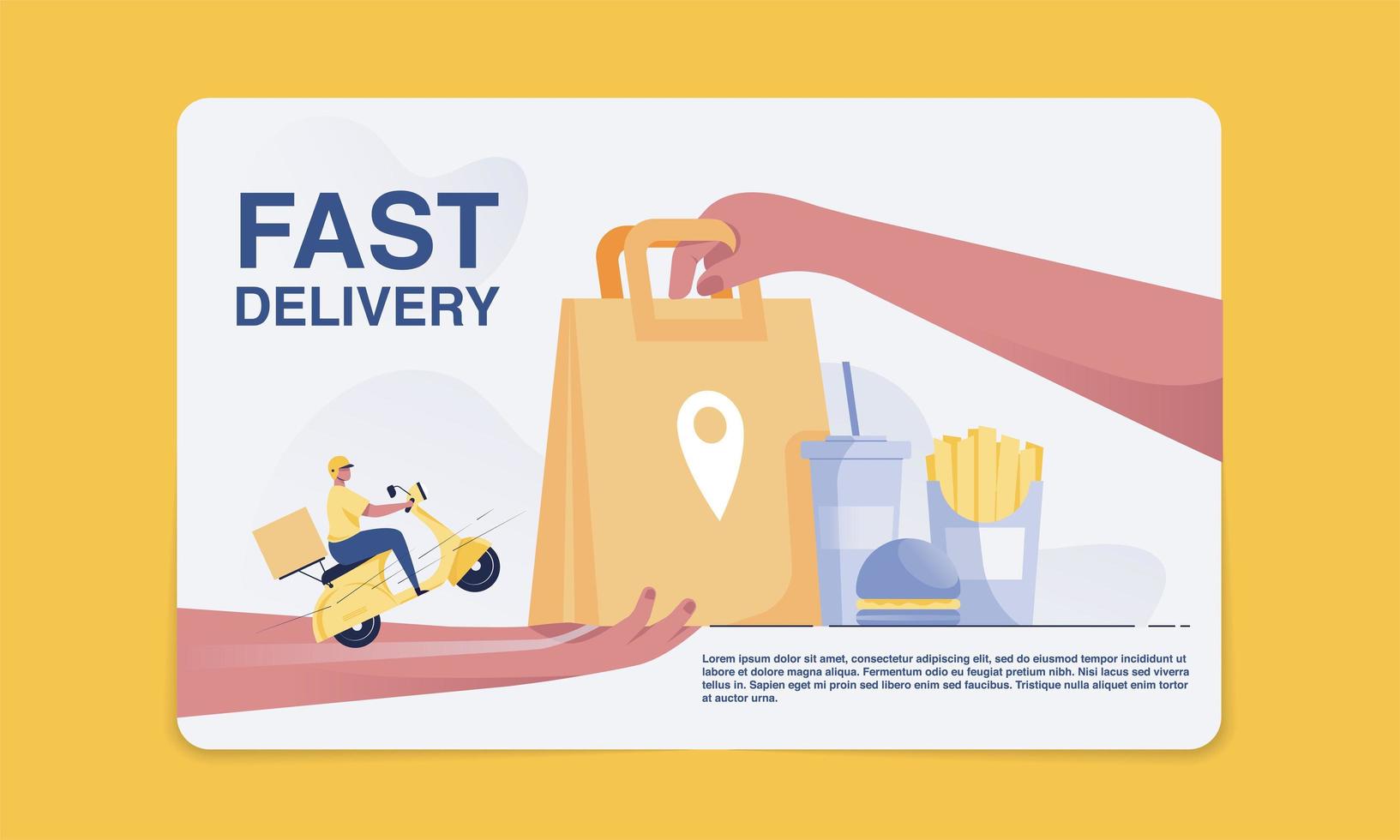 o pessoal de entrega do conceito de entrega de fast food entrega mercadorias aos clientes. receber um saco de papel de mão em mão. ilustração vetorial vetor